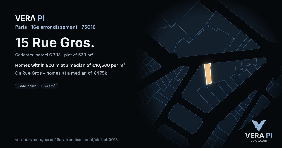 15 Rue Gros, 16e arrondissement at night – the plot lit, the parcels around coloured by the prices near them