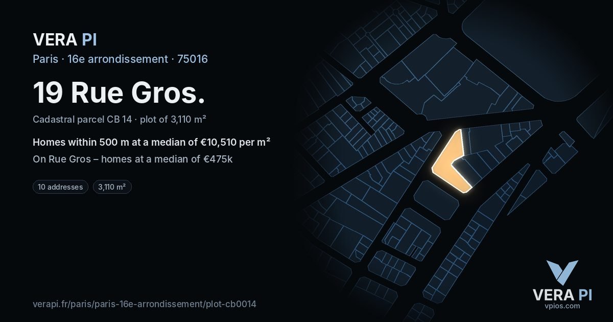 19 Rue Gros, 16e arrondissement at night – the plot lit, the parcels around coloured by the prices near them
