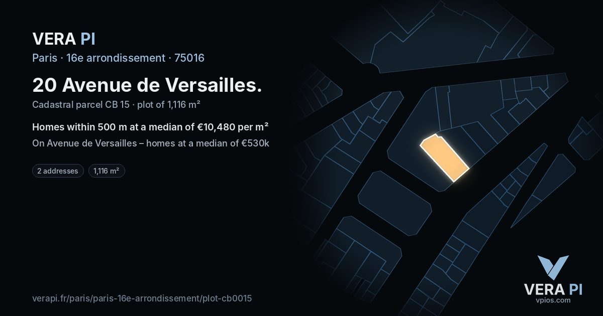 20 Avenue de Versailles, 16e arrondissement at night – the plot lit, the parcels around coloured by the prices near them