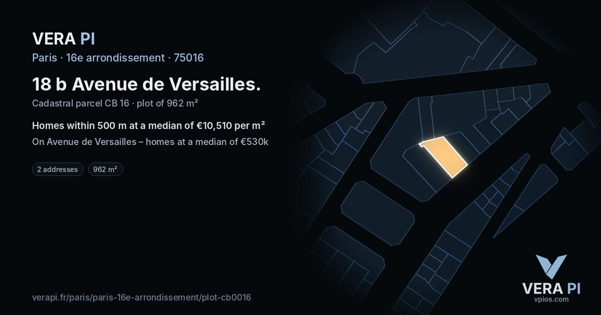 18 b Avenue de Versailles, 16e arrondissement at night – the plot lit, the parcels around coloured by the prices near them