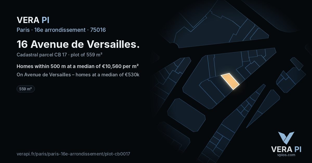 16 Avenue de Versailles, 16e arrondissement at night – the plot lit, the parcels around coloured by the prices near them