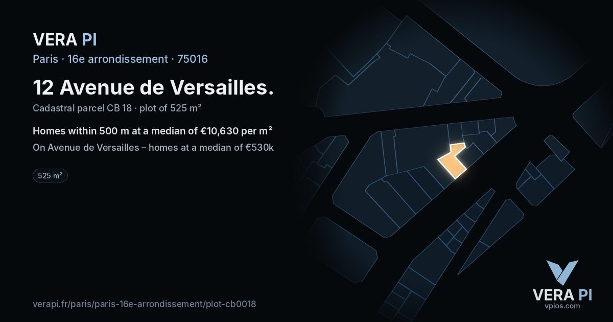 12 Avenue de Versailles, 16e arrondissement at night – the plot lit, the parcels around coloured by the prices near them