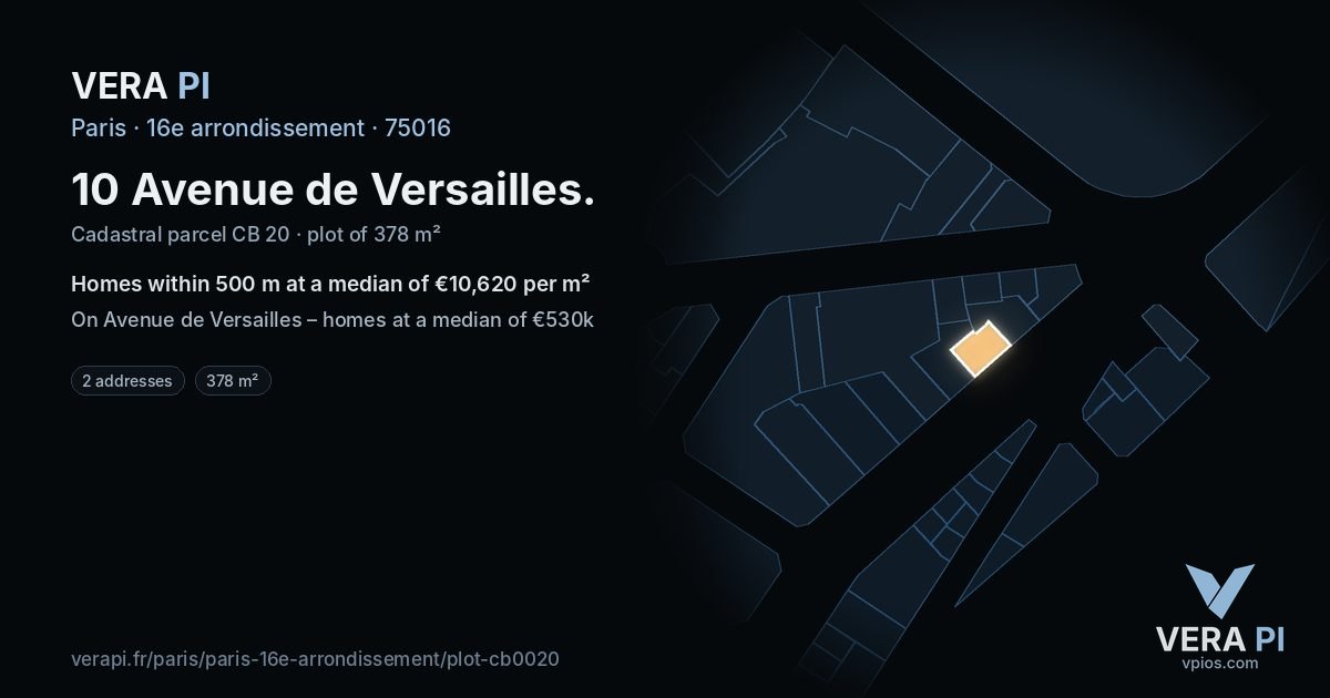 10 Avenue de Versailles, 16e arrondissement at night – the plot lit, the parcels around coloured by the prices near them