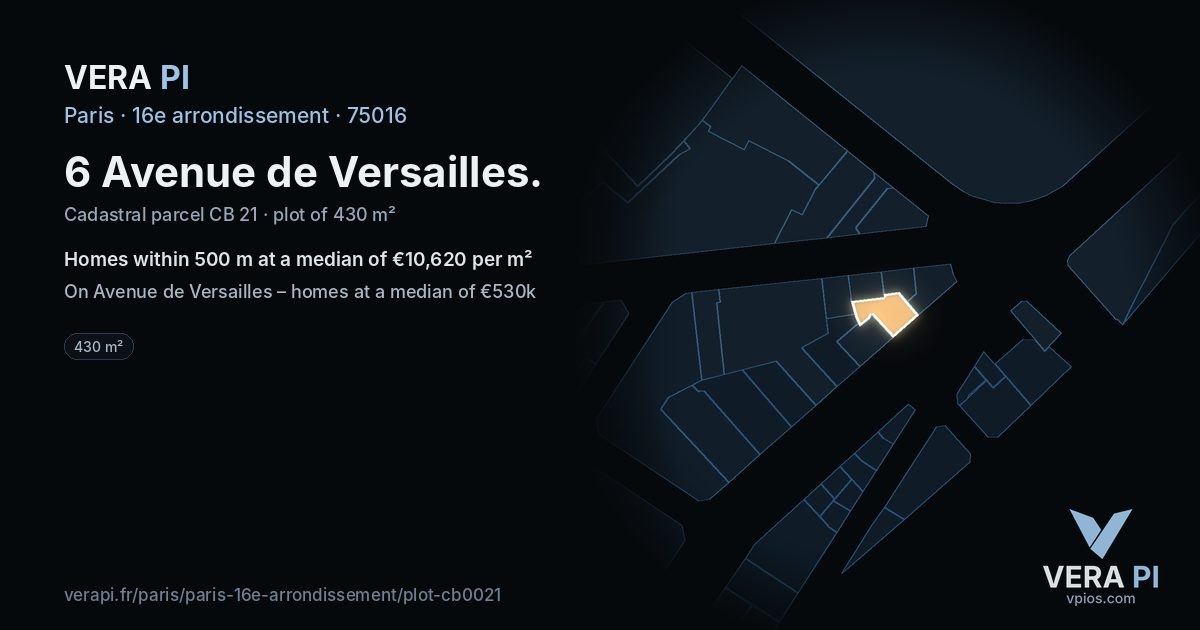 6 Avenue de Versailles, 16e arrondissement at night – the plot lit, the parcels around coloured by the prices near them