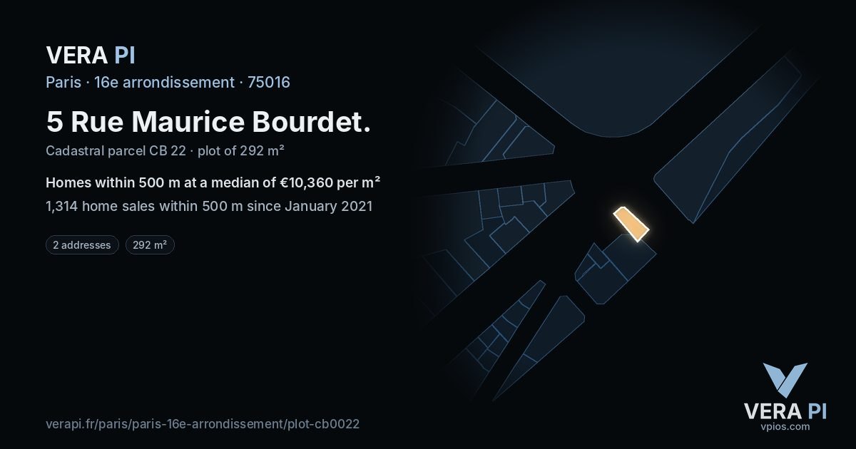5 Rue Maurice Bourdet, 16e arrondissement at night – the plot lit, the parcels around coloured by the prices near them