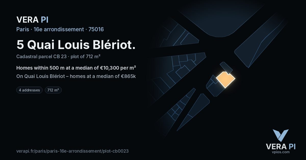 5 Quai Louis Blériot, 16e arrondissement at night – the plot lit, the parcels around coloured by the prices near them