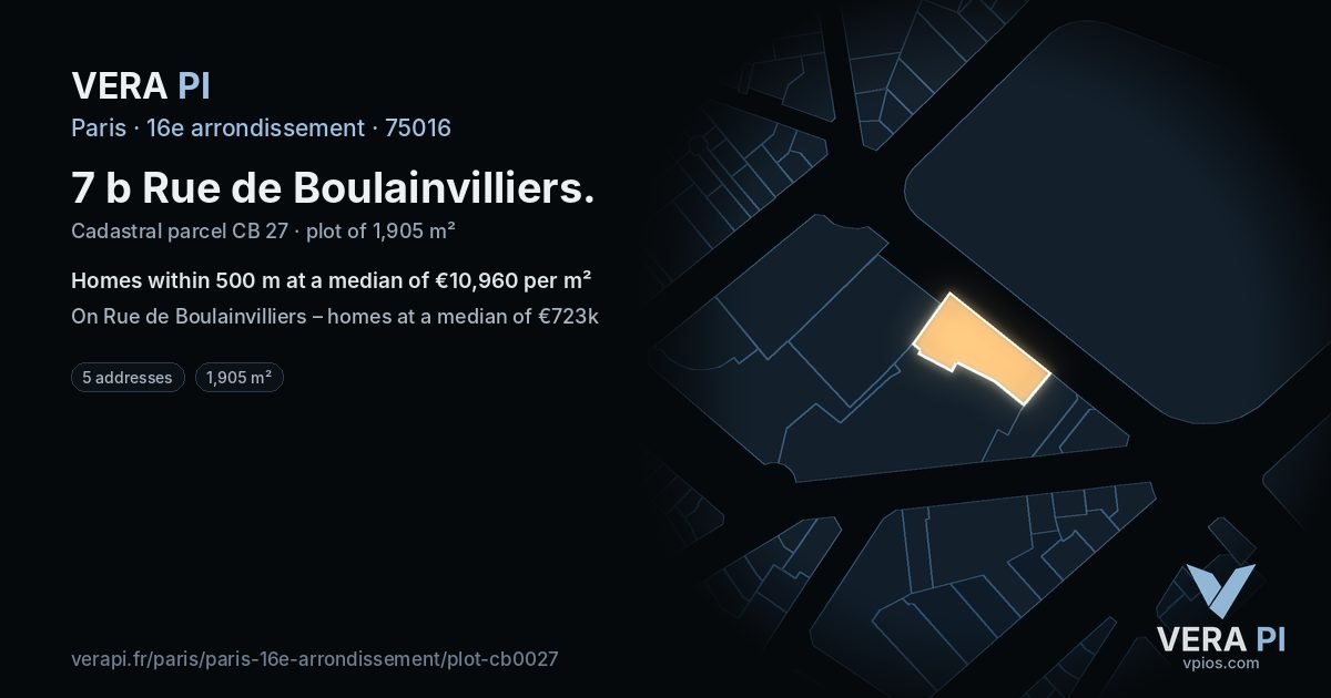 7 b Rue de Boulainvilliers, 16e arrondissement at night – the plot lit, the parcels around coloured by the prices near them