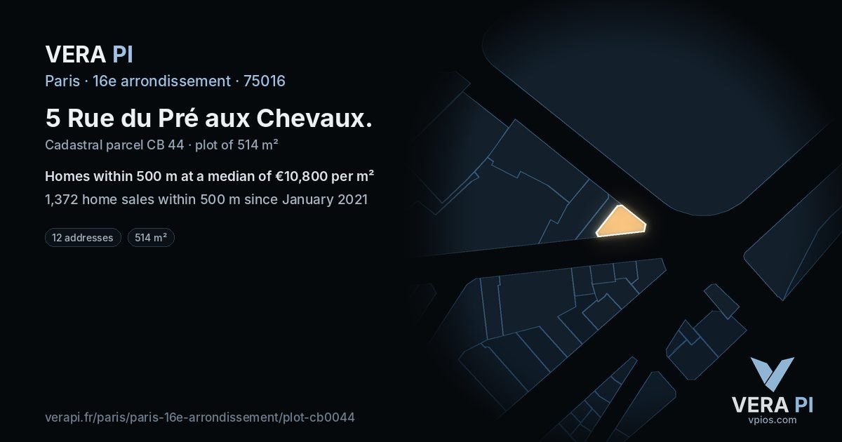 5 Rue du Pré aux Chevaux, 16e arrondissement at night – the plot lit, the parcels around coloured by the prices near them