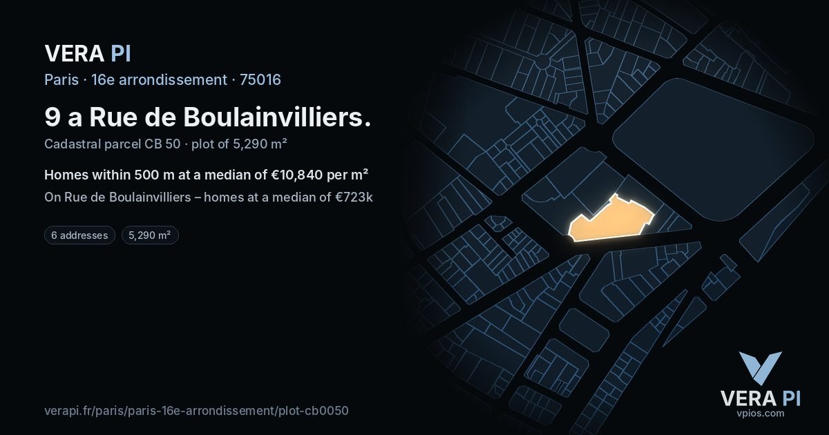 9 a Rue de Boulainvilliers, 16e arrondissement at night – the plot lit, the parcels around coloured by the prices near them