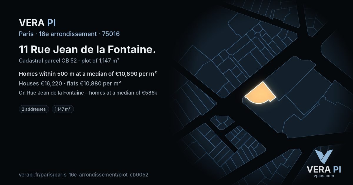 11 Rue Jean de la Fontaine, 16e arrondissement at night – the plot lit, the parcels around coloured by the prices near them