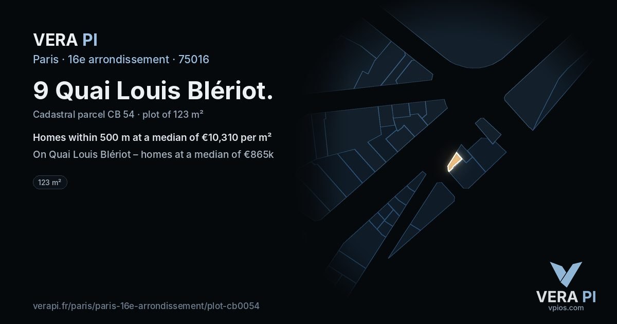 9 Quai Louis Blériot, 16e arrondissement at night – the plot lit, the parcels around coloured by the prices near them