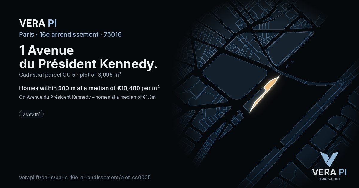 1 Avenue du Président Kennedy, 16e arrondissement at night – the plot lit, the parcels around coloured by the prices near them