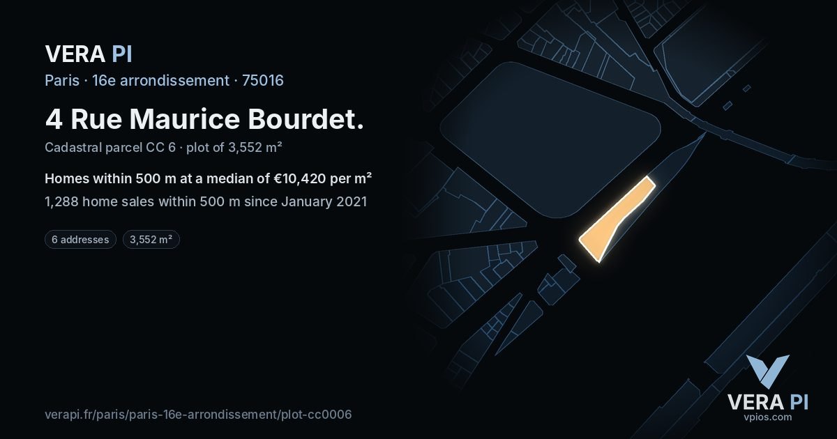 4 Rue Maurice Bourdet, 16e arrondissement at night – the plot lit, the parcels around coloured by the prices near them