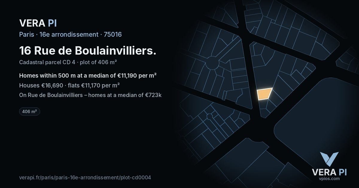 16 Rue de Boulainvilliers, 16e arrondissement at night – the plot lit, the parcels around coloured by the prices near them