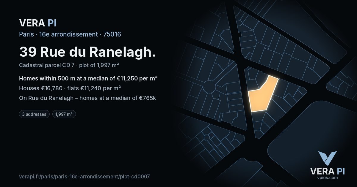 39 Rue du Ranelagh, 16e arrondissement at night – the plot lit, the parcels around coloured by the prices near them