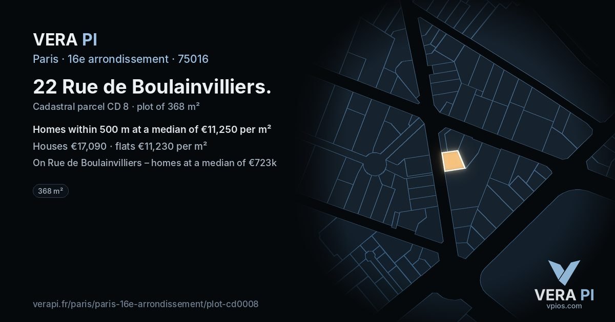 22 Rue de Boulainvilliers, 16e arrondissement at night – the plot lit, the parcels around coloured by the prices near them