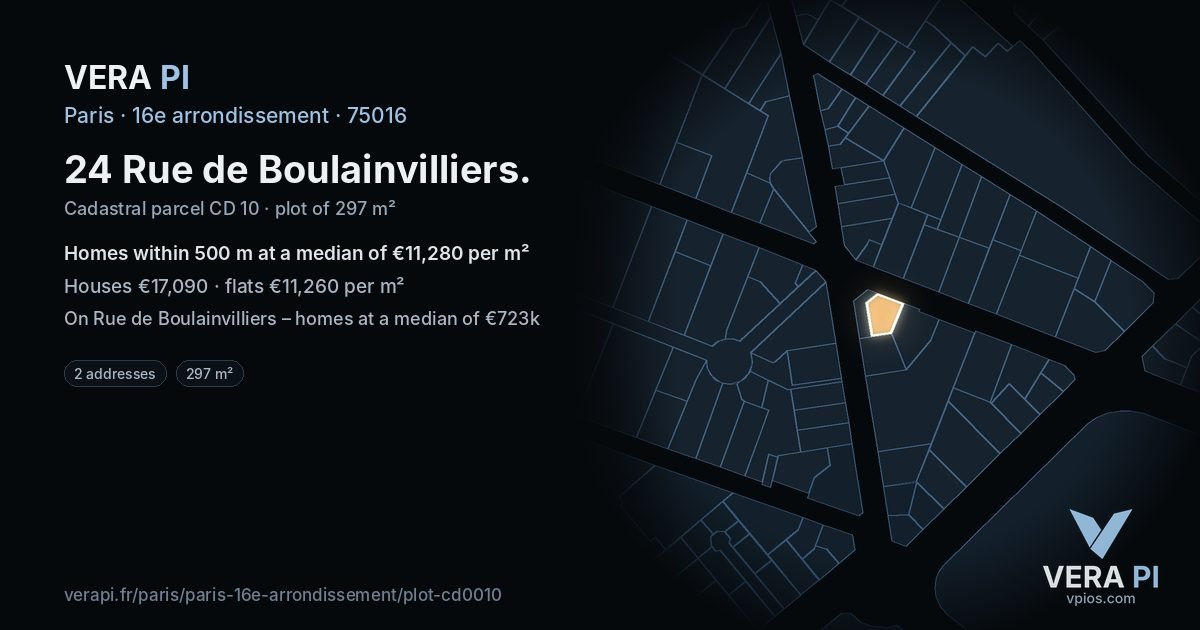 24 Rue de Boulainvilliers, 16e arrondissement at night – the plot lit, the parcels around coloured by the prices near them