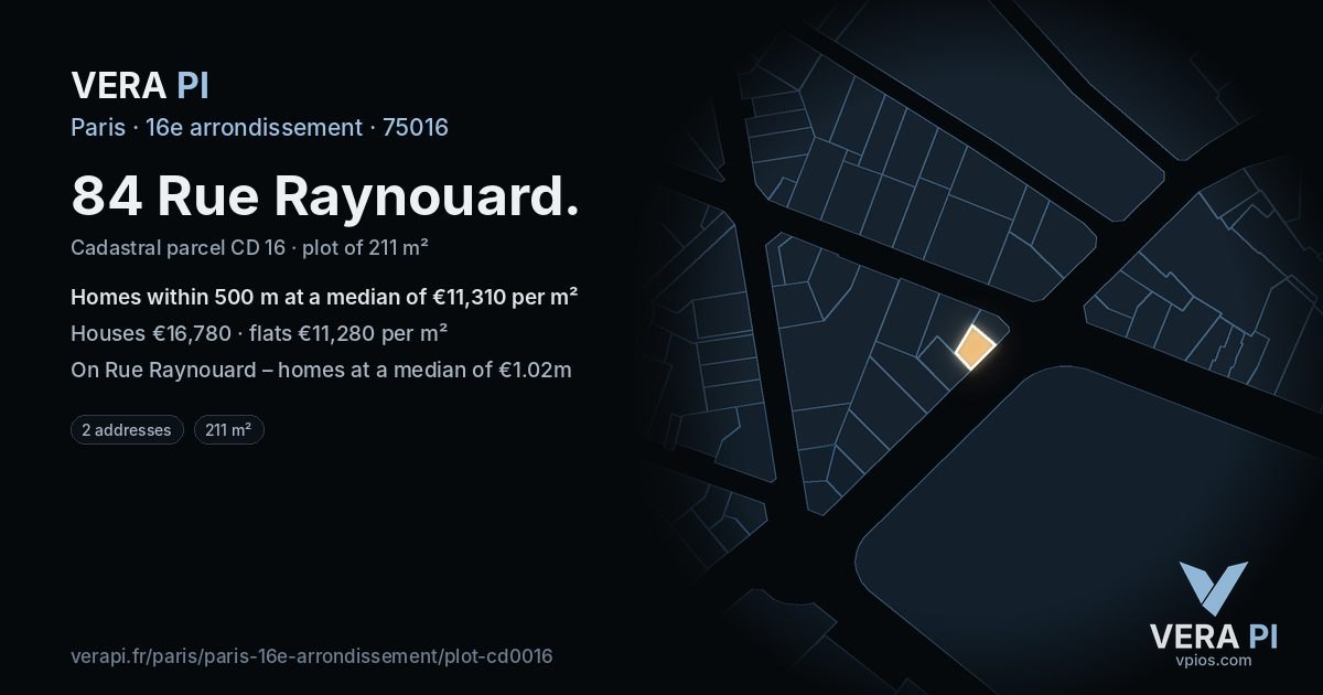 84 Rue Raynouard, 16e arrondissement at night – the plot lit, the parcels around coloured by the prices near them