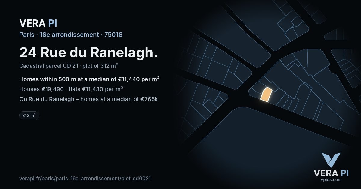 24 Rue du Ranelagh, 16e arrondissement at night – the plot lit, the parcels around coloured by the prices near them