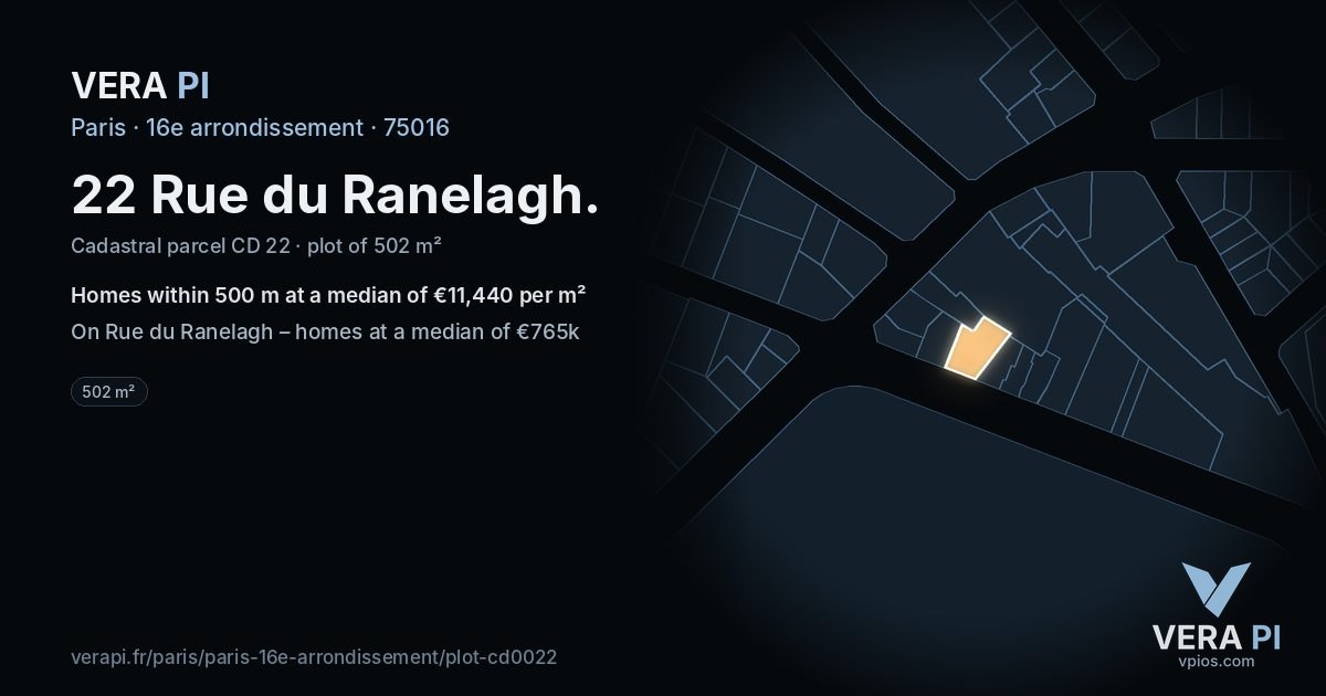 22 Rue du Ranelagh, 16e arrondissement at night – the plot lit, the parcels around coloured by the prices near them