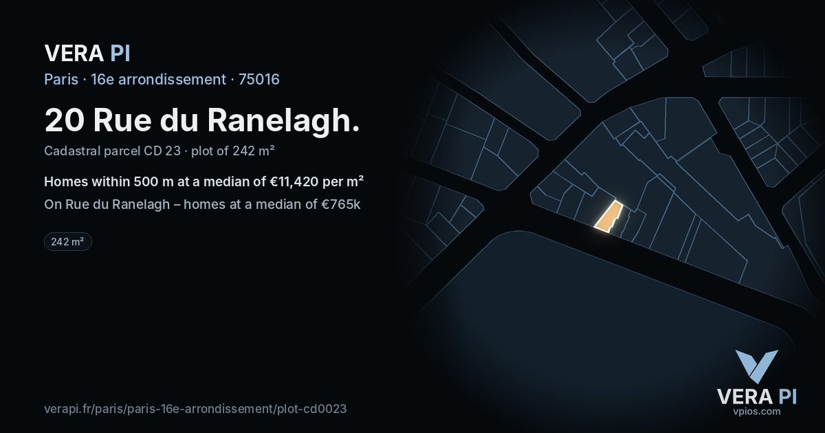 20 Rue du Ranelagh, 16e arrondissement at night – the plot lit, the parcels around coloured by the prices near them