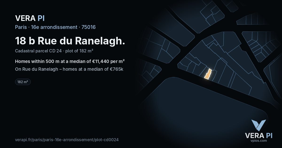 18 b Rue du Ranelagh, 16e arrondissement at night – the plot lit, the parcels around coloured by the prices near them