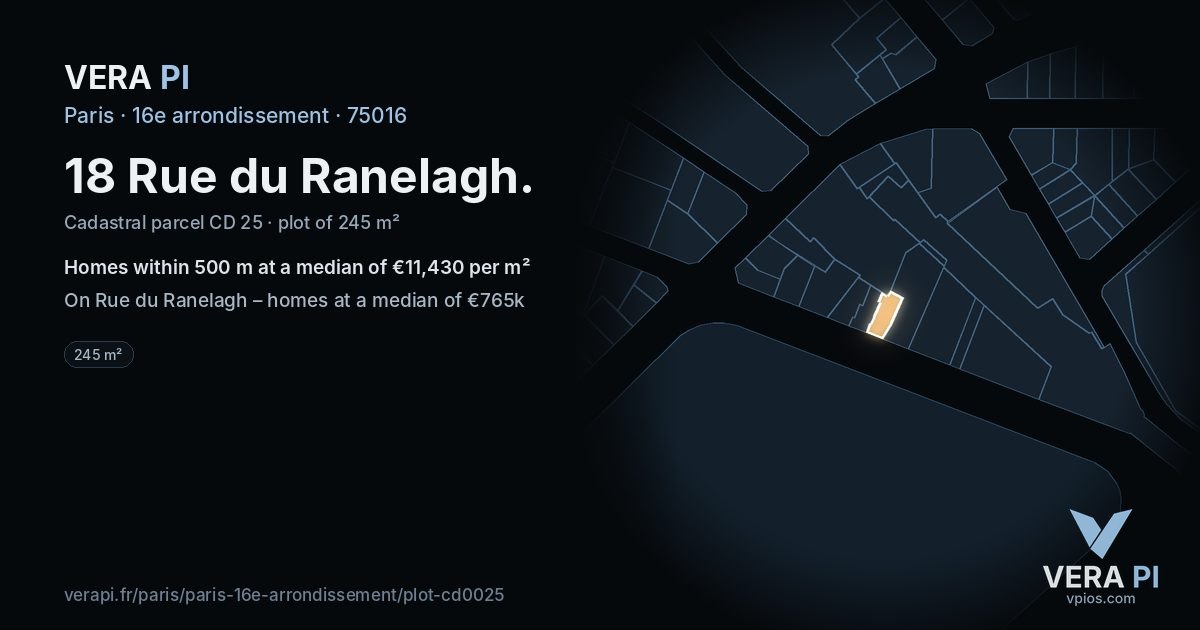 18 Rue du Ranelagh, 16e arrondissement at night – the plot lit, the parcels around coloured by the prices near them