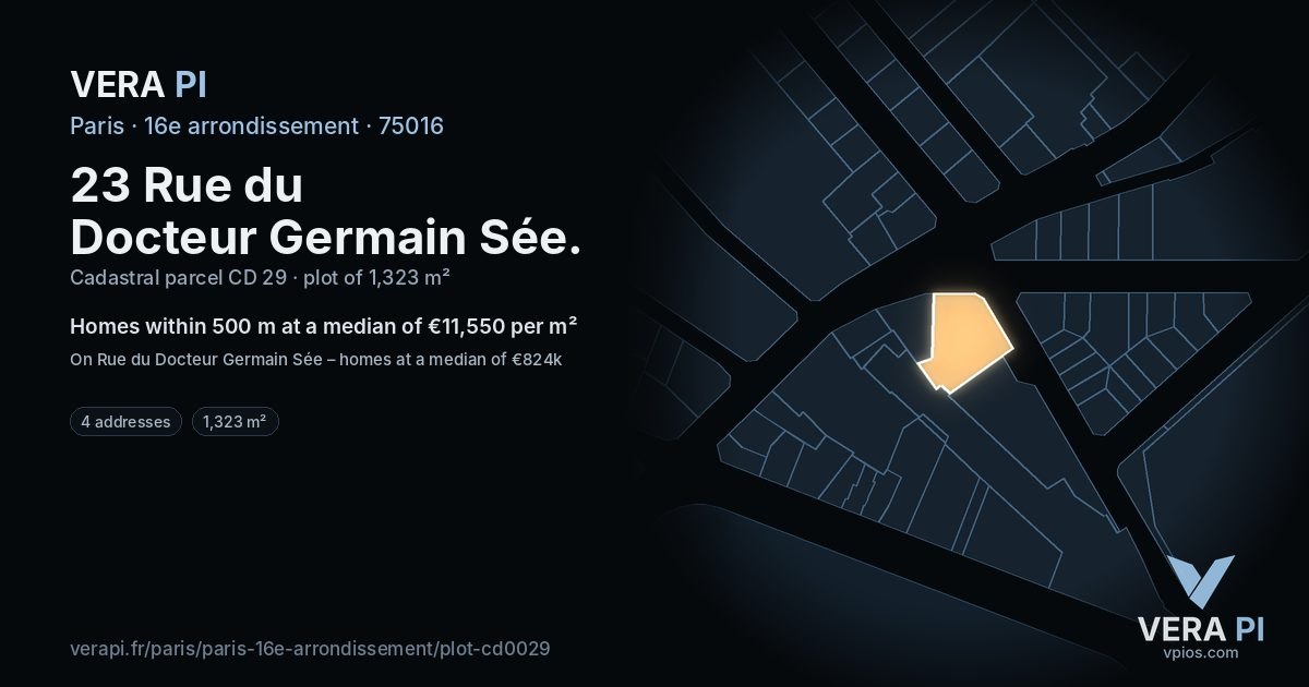 23 Rue du Docteur Germain Sée, 16e arrondissement at night – the plot lit, the parcels around coloured by the prices near them
