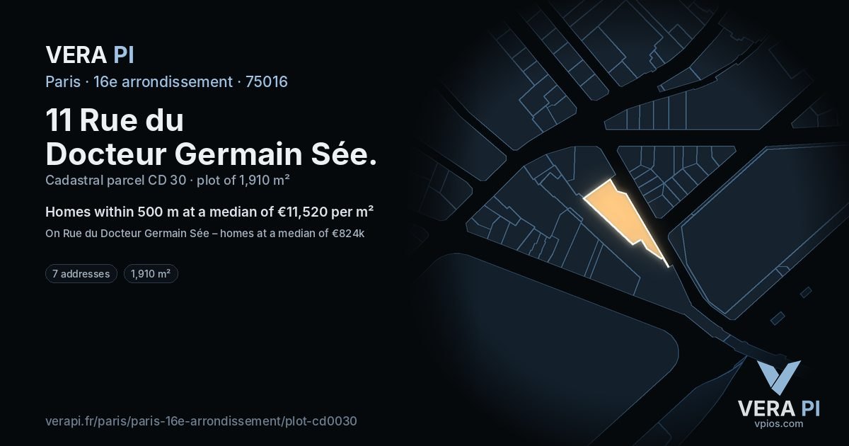 11 Rue du Docteur Germain Sée, 16e arrondissement at night – the plot lit, the parcels around coloured by the prices near them