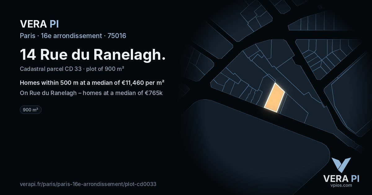14 Rue du Ranelagh, 16e arrondissement at night – the plot lit, the parcels around coloured by the prices near them