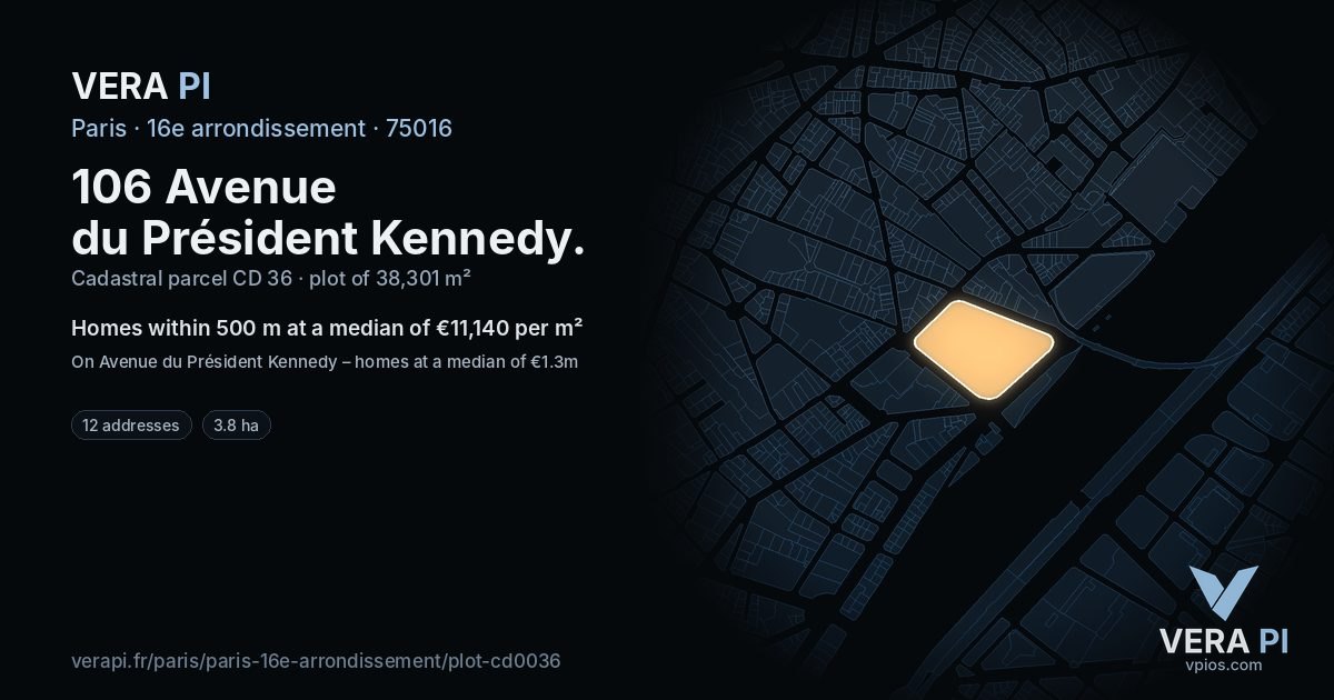 106 Avenue du Président Kennedy, 16e arrondissement at night – the plot lit, the parcels around coloured by the prices near them