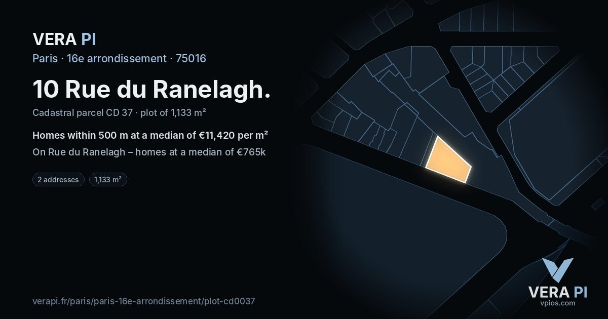10 Rue du Ranelagh, 16e arrondissement at night – the plot lit, the parcels around coloured by the prices near them
