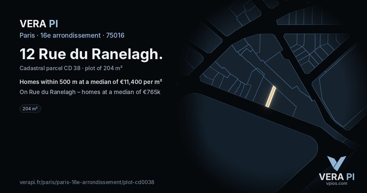 12 Rue du Ranelagh, 16e arrondissement at night – the plot lit, the parcels around coloured by the prices near them