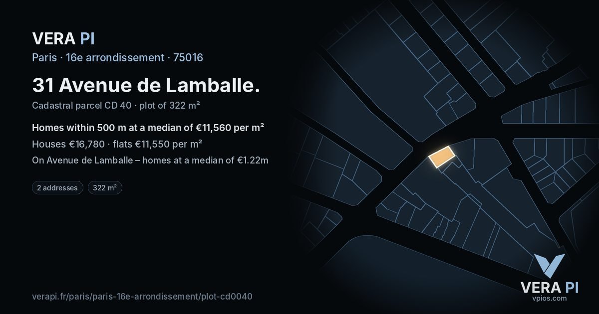 31 Avenue de Lamballe, 16e arrondissement at night – the plot lit, the parcels around coloured by the prices near them