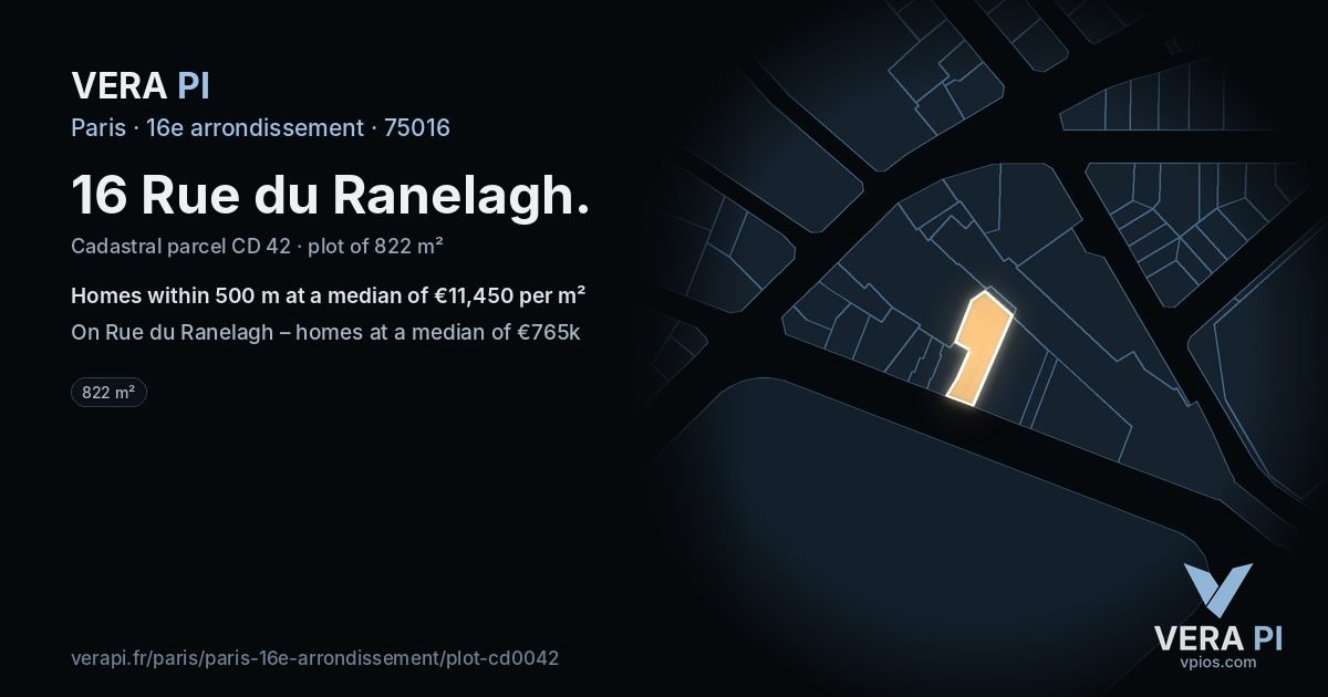 16 Rue du Ranelagh, 16e arrondissement at night – the plot lit, the parcels around coloured by the prices near them