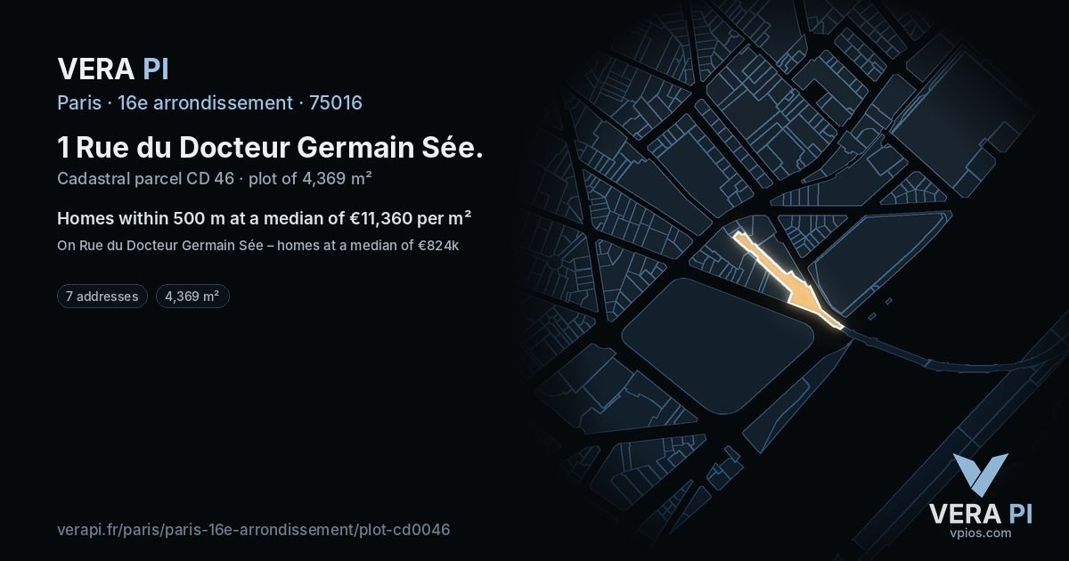 1 Rue du Docteur Germain Sée, 16e arrondissement at night – the plot lit, the parcels around coloured by the prices near them
