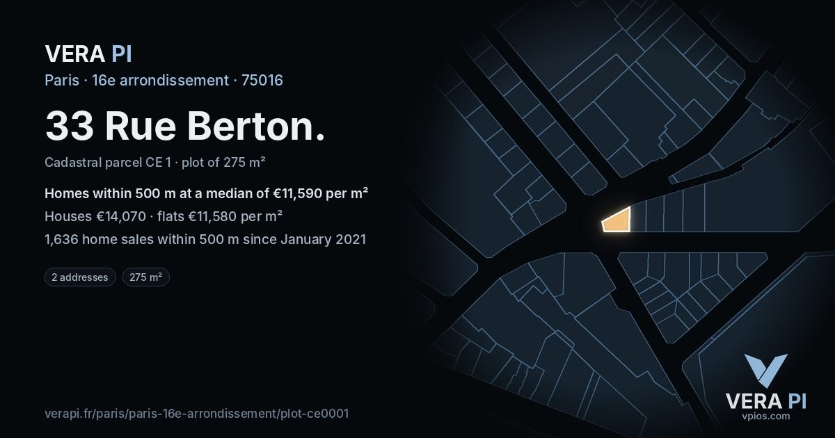 33 Rue Berton, 16e arrondissement at night – the plot lit, the parcels around coloured by the prices near them