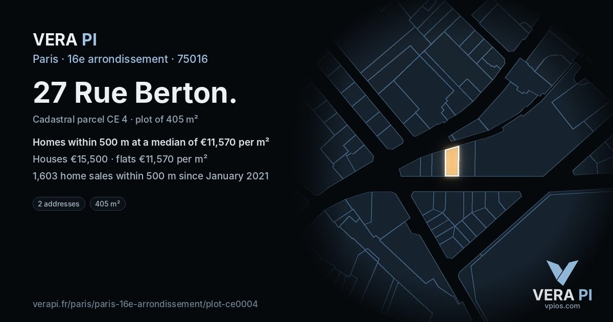 27 Rue Berton, 16e arrondissement at night – the plot lit, the parcels around coloured by the prices near them