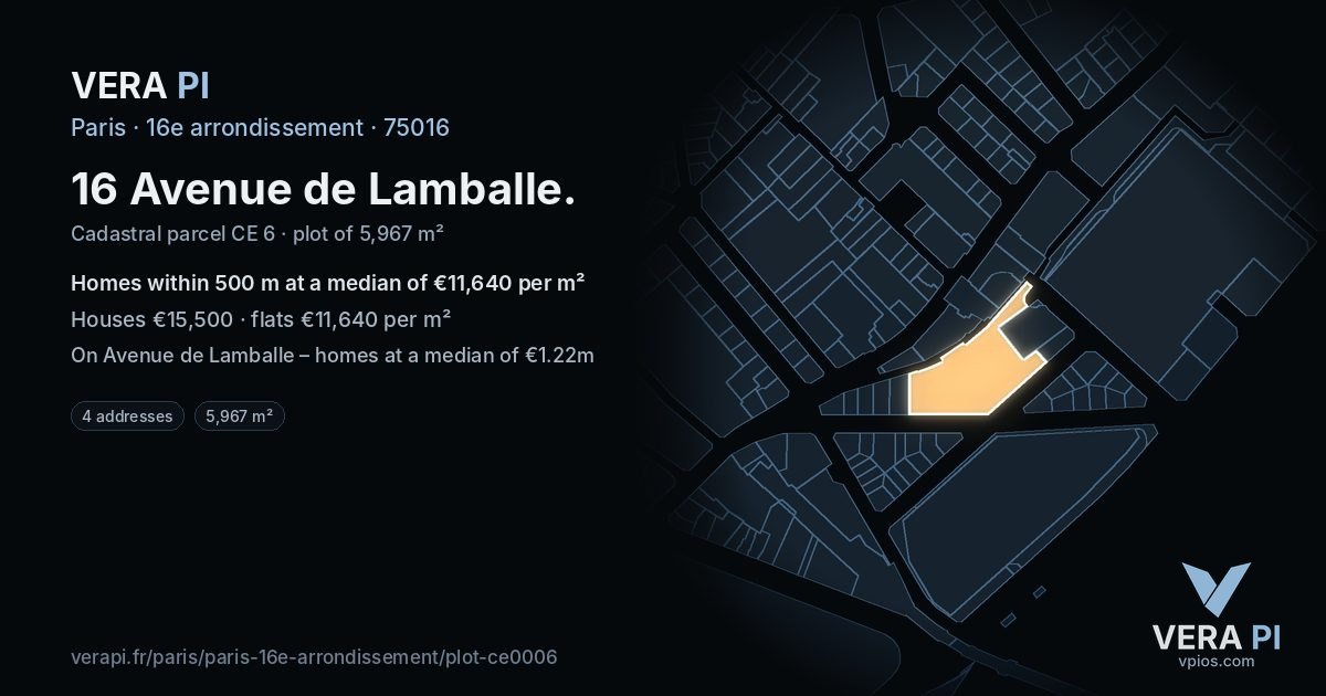 16 Avenue de Lamballe, 16e arrondissement at night – the plot lit, the parcels around coloured by the prices near them