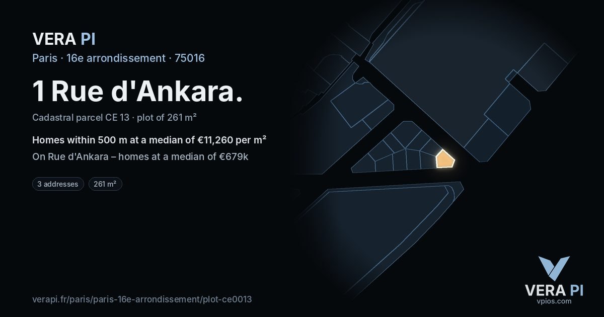 1 Rue d'Ankara, 16e arrondissement at night – the plot lit, the parcels around coloured by the prices near them