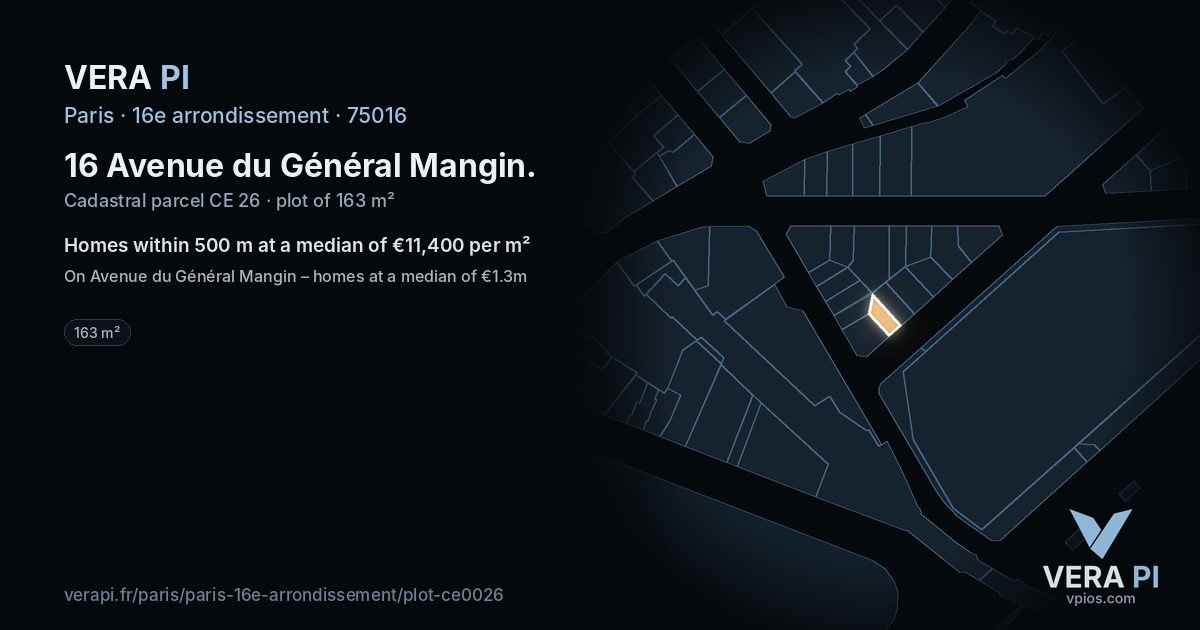 16 Avenue du Général Mangin, 16e arrondissement at night – the plot lit, the parcels around coloured by the prices near them