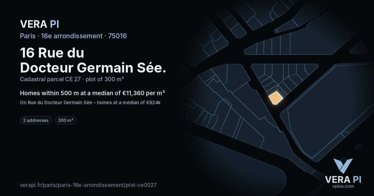 16 Rue du Docteur Germain Sée, 16e arrondissement at night – the plot lit, the parcels around coloured by the prices near them