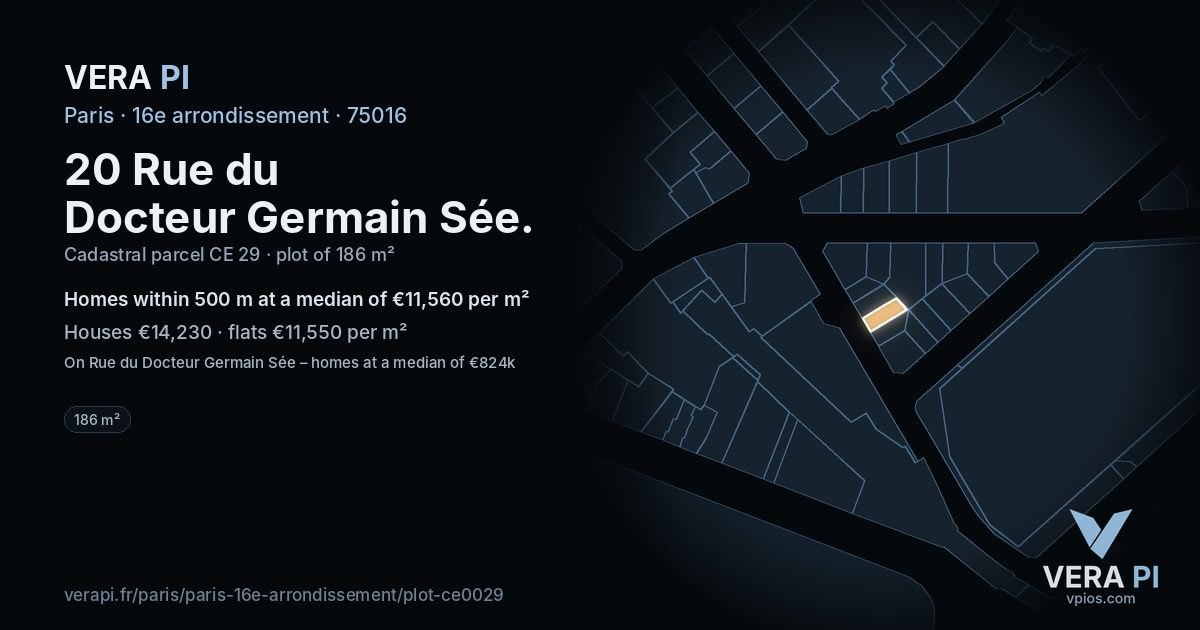 20 Rue du Docteur Germain Sée, 16e arrondissement at night – the plot lit, the parcels around coloured by the prices near them