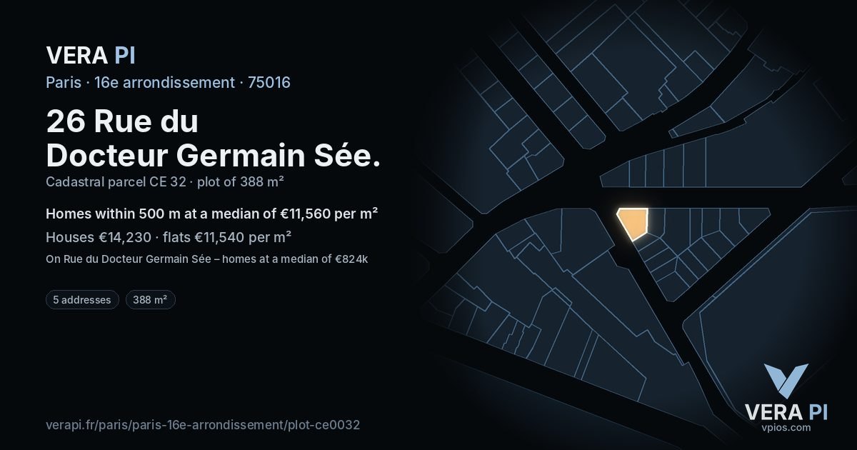 26 Rue du Docteur Germain Sée, 16e arrondissement at night – the plot lit, the parcels around coloured by the prices near them
