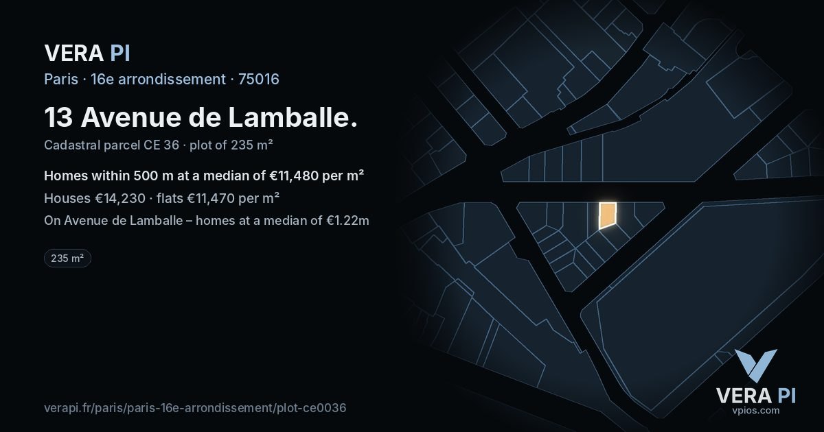 13 Avenue de Lamballe, 16e arrondissement at night – the plot lit, the parcels around coloured by the prices near them