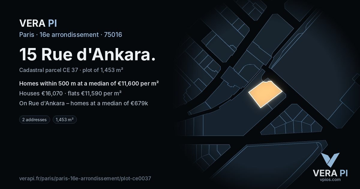 15 Rue d'Ankara, 16e arrondissement at night – the plot lit, the parcels around coloured by the prices near them