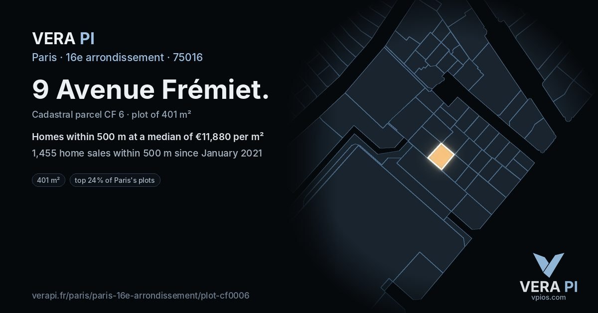 9 Avenue Frémiet, 16e arrondissement at night – the plot lit, the parcels around coloured by the prices near them