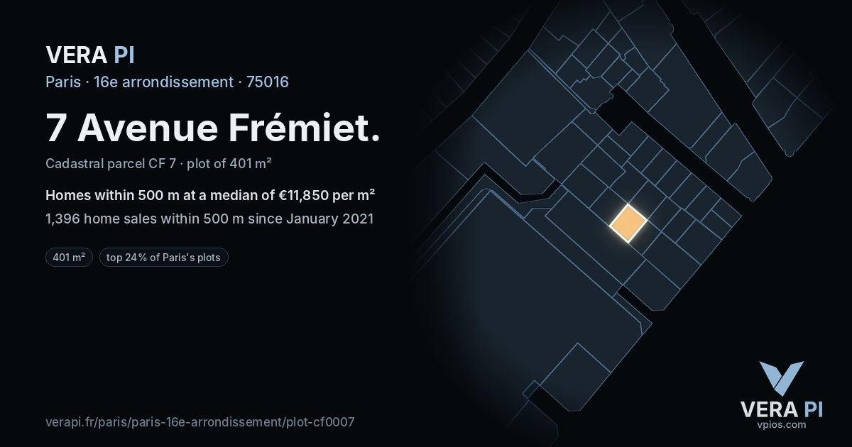 7 Avenue Frémiet, 16e arrondissement at night – the plot lit, the parcels around coloured by the prices near them