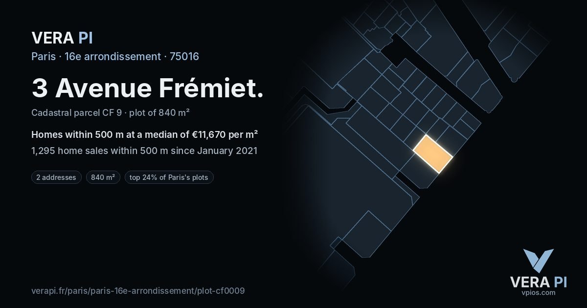 3 Avenue Frémiet, 16e arrondissement at night – the plot lit, the parcels around coloured by the prices near them