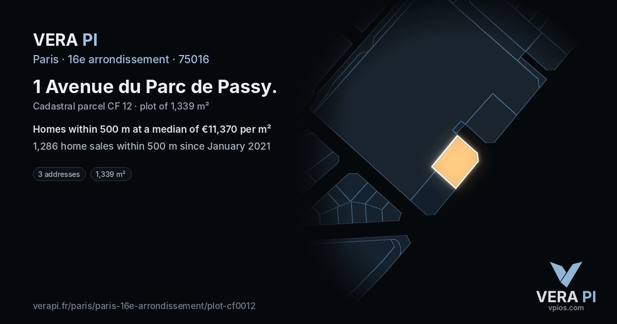 1 Avenue du Parc de Passy, 16e arrondissement at night – the plot lit, the parcels around coloured by the prices near them